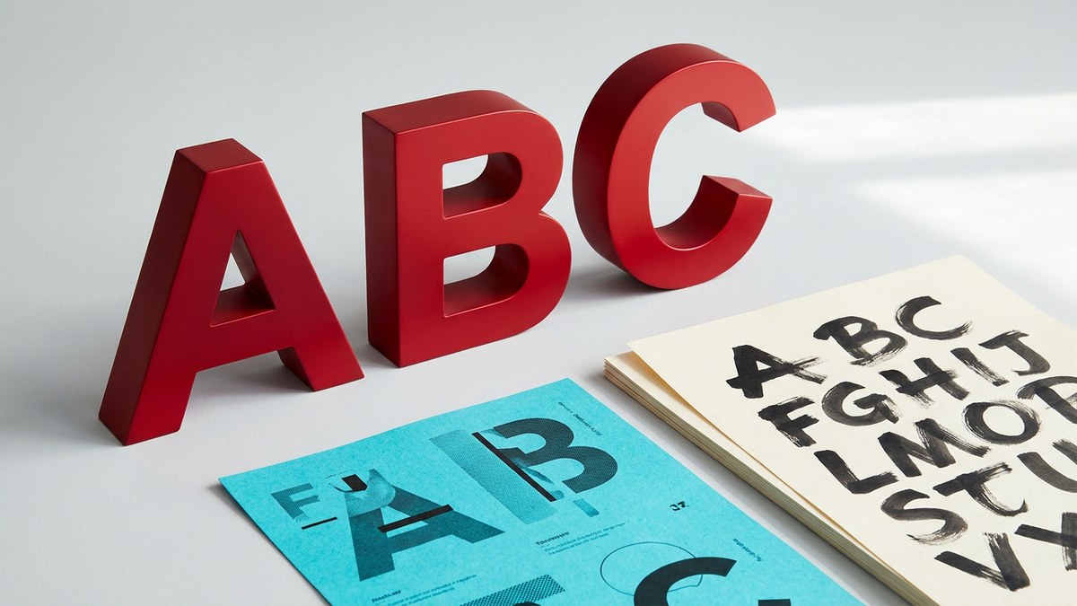 Consistent red A B C letter sculptures with a cyan typography specimen