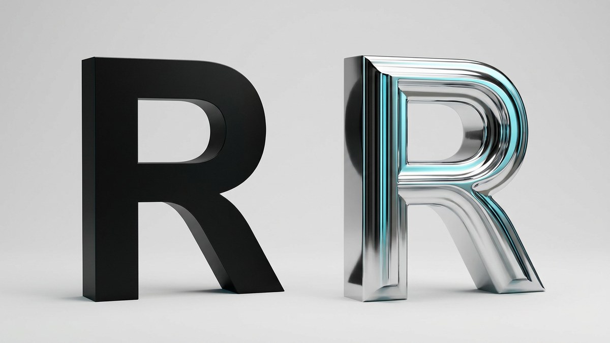 Matching black vector-style and chrome dimensional R letters on a light background